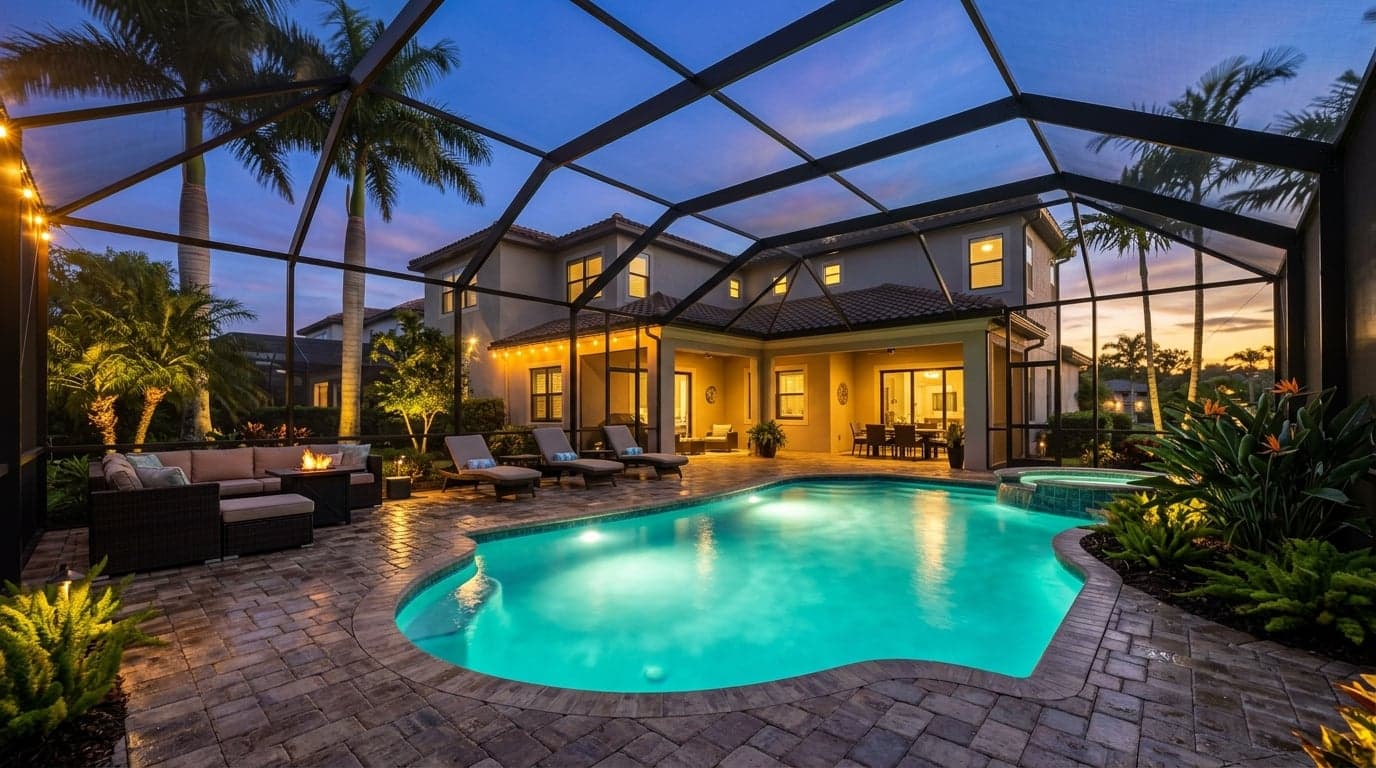 Custom screened pool enclosure over an illuminated Florida pool at dusk